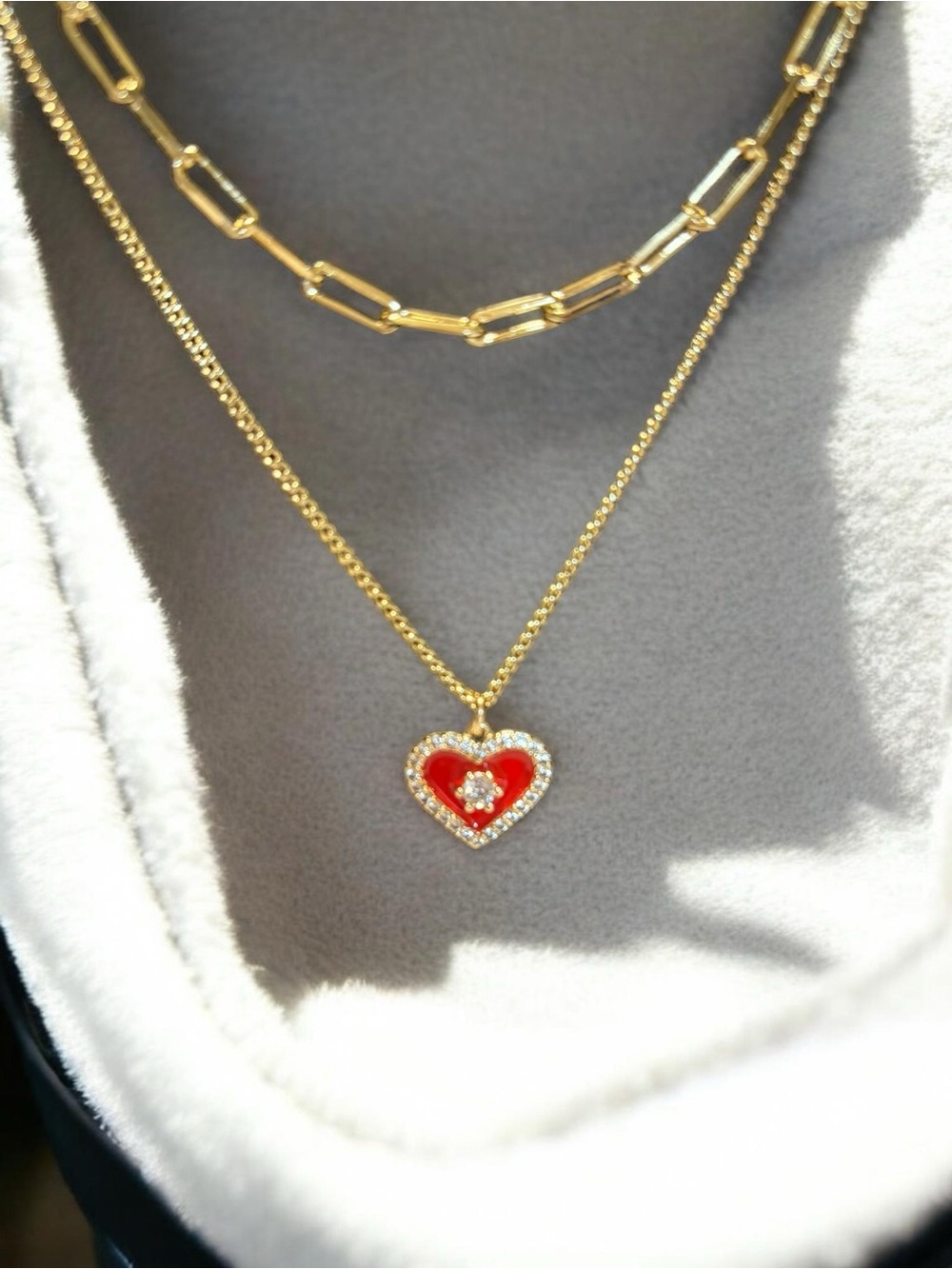 Gold Double Layered Necklace with Red Heart Pendant